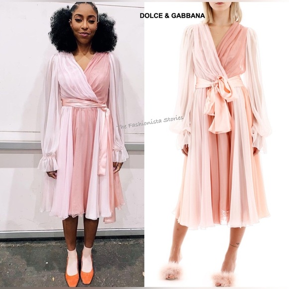 Dolce & Gabbana Two-tone Pleated Wrap Dress Pink Bow Midi Cocktail Puff Sleeve 6 - Picture 3 of 12